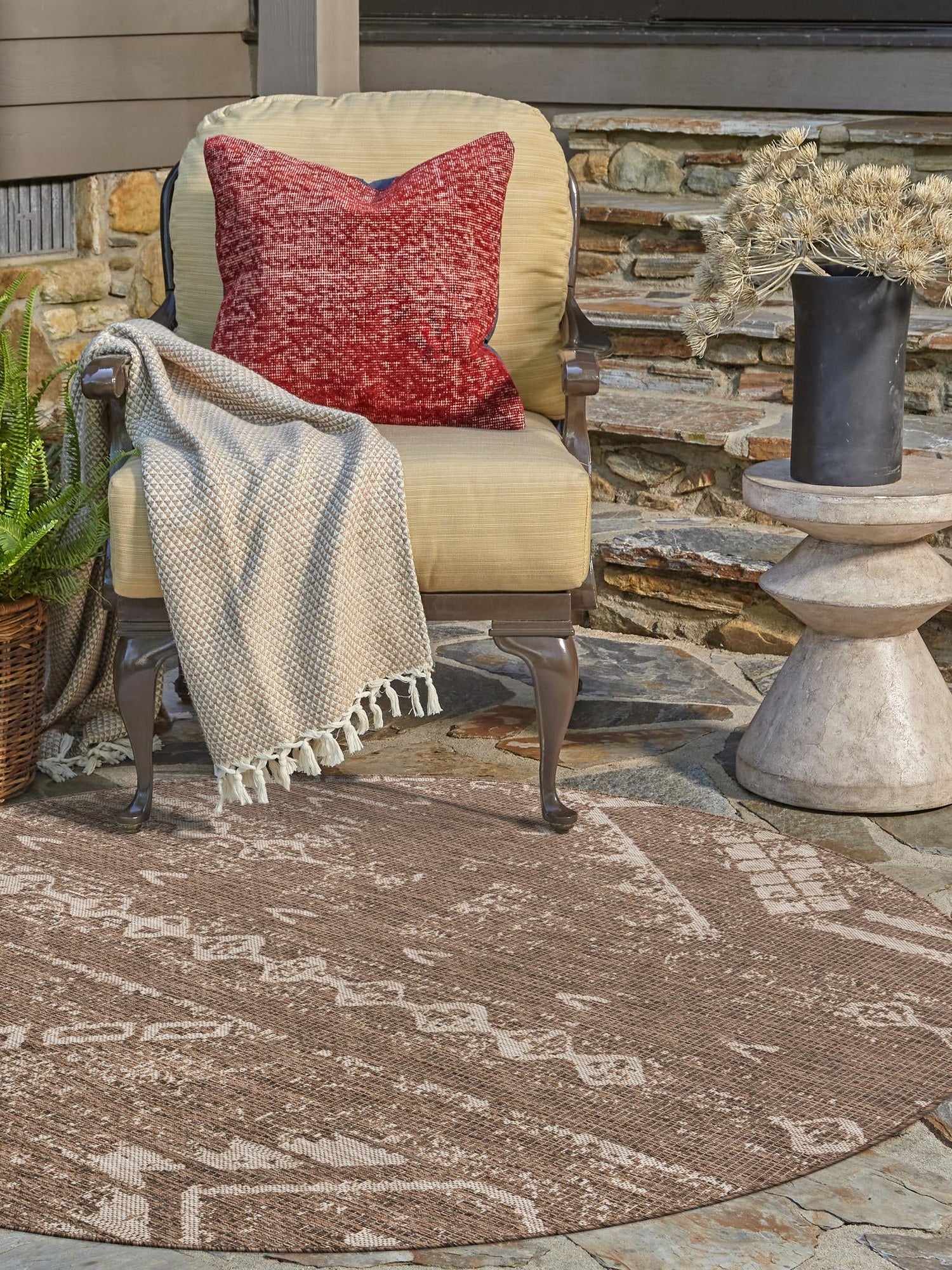Brown 13' 1 x 13' 1 Outdoor Bohemian Round Area Rug Weather Resistant for Patio, Deck, Terrace, Balcony, Porch 100% Polypropylene Boho Carpet Mat for Sale at Rug Engine