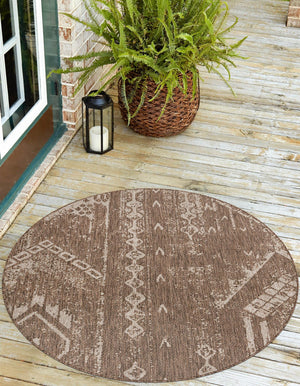 Brown 3' 1 x 3' 1 Outdoor Bohemian Round Area Rug Weather Resistant for Patio, Deck, Terrace, Balcony, Porch 100% Polypropylene Boho Carpet Mat for Sale at Rug Engine
