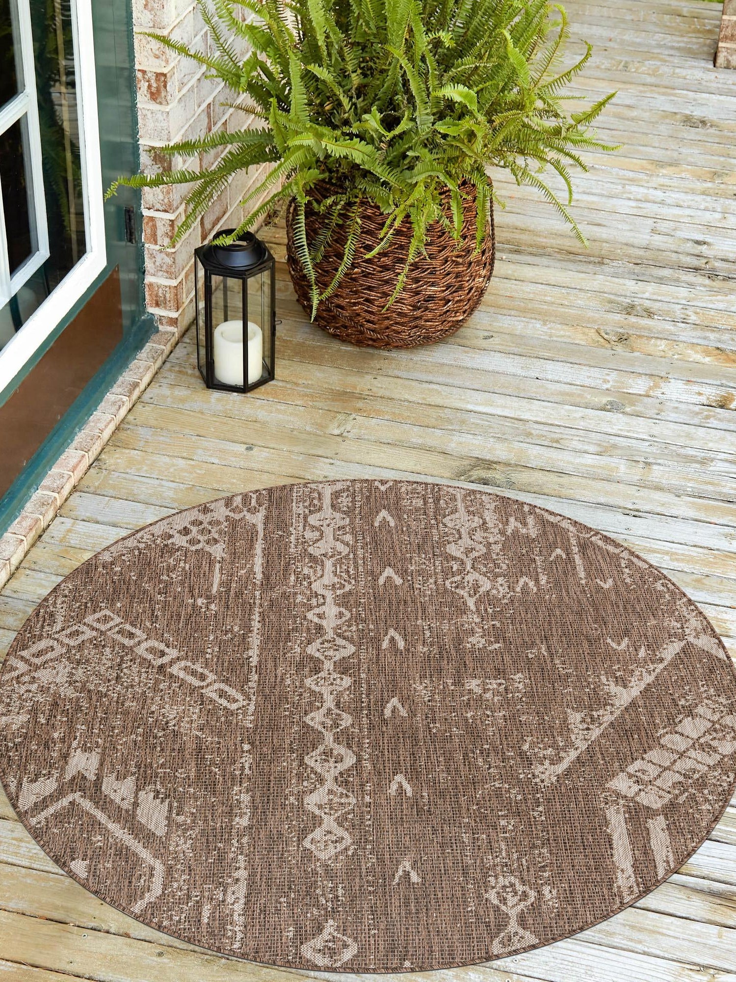 Brown 7' 10 x 7' 10 Outdoor Bohemian Round Area Rug Weather Resistant for Patio, Deck, Terrace, Balcony, Porch 100% Polypropylene Boho Carpet Mat for Sale at Rug Engine