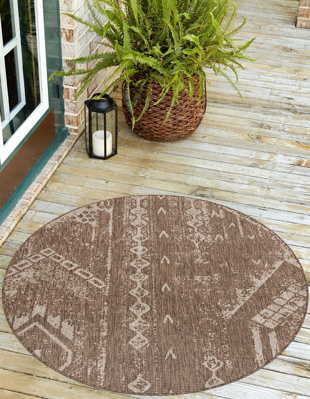 Brown 13' 1 x 13' 1 Outdoor Bohemian Round Area Rug Weather Resistant for Patio, Deck, Terrace, Balcony, Porch 100% Polypropylene Boho Carpet Mat for Sale at Rug Engine