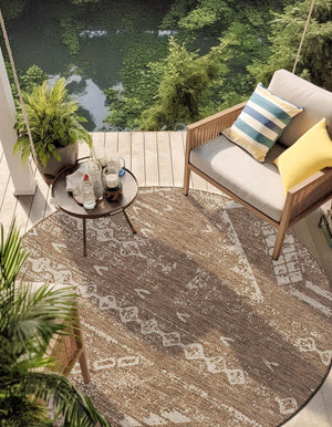 Brown 10' 8 x 10' 8 Outdoor Bohemian Round Area Rug Weather Resistant for Patio, Deck, Terrace, Balcony, Porch 100% Polypropylene Boho Carpet Mat for Sale at Rug Engine