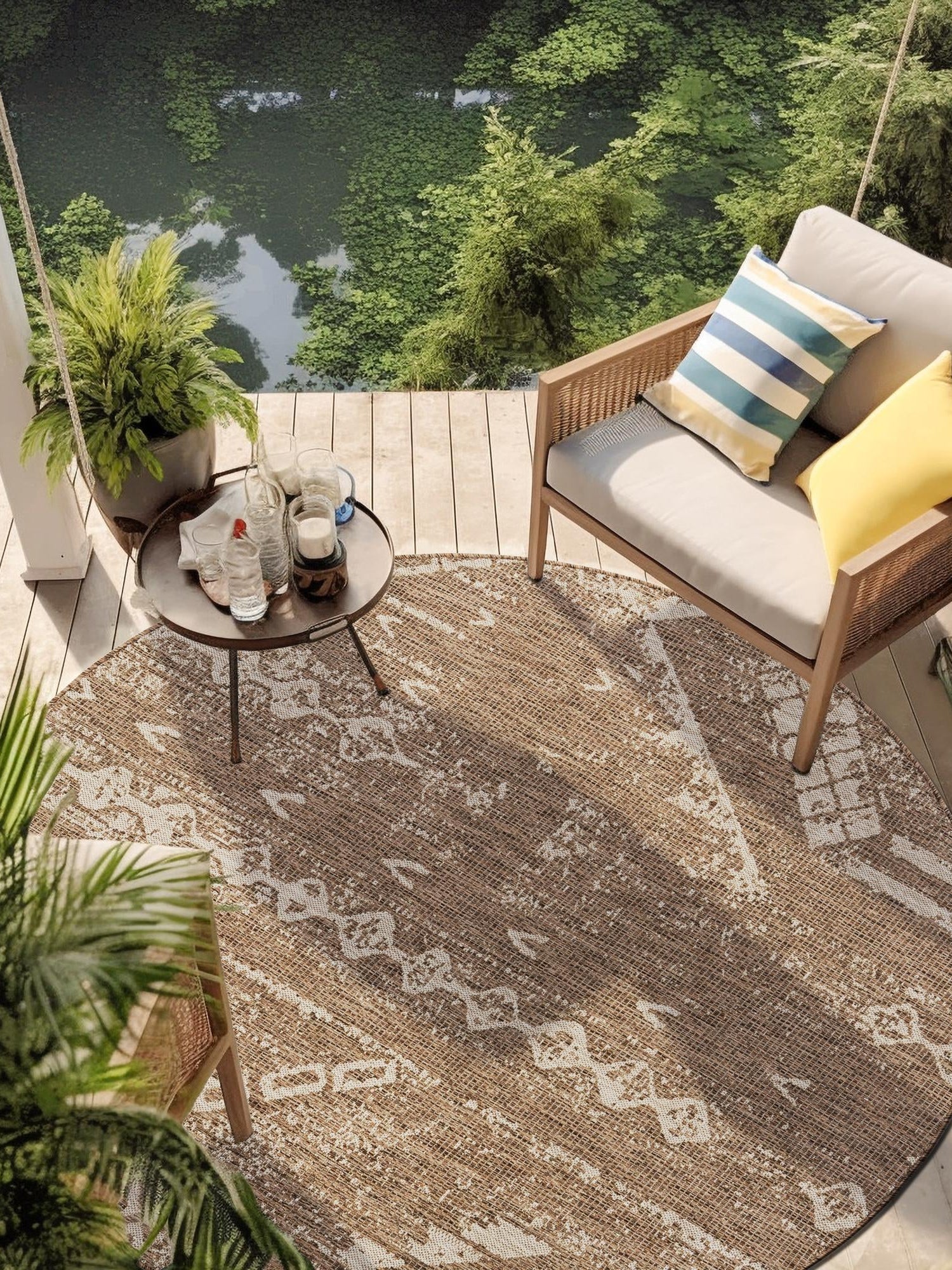 Brown 4' 1 x 4' 1 Outdoor Bohemian Round Area Rug Weather Resistant for Patio, Deck, Terrace, Balcony, Porch 100% Polypropylene Boho Carpet Mat for Sale at Rug Engine