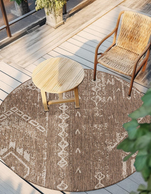 Brown 6' 1 x 6' 1 Outdoor Bohemian Round Area Rug Weather Resistant for Patio, Deck, Terrace, Balcony, Porch 100% Polypropylene Boho Carpet Mat for Sale at Rug Engine