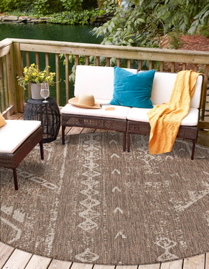 Brown 6' 1 x 6' 1 Outdoor Bohemian Round Area Rug Weather Resistant for Patio, Deck, Terrace, Balcony, Porch 100% Polypropylene Boho Carpet Mat for Sale at Rug Engine