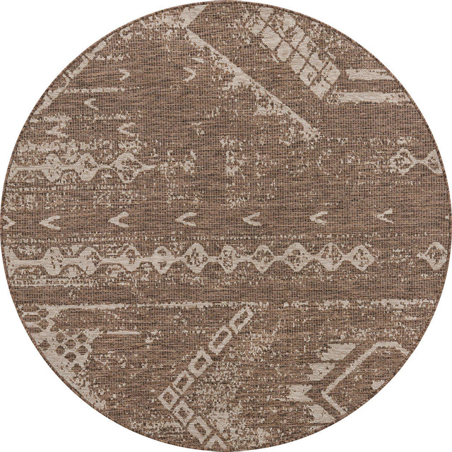 Brown 6' 1 x 6' 1 Outdoor Bohemian Round Area Rug Weather Resistant for Patio, Deck, Terrace, Balcony, Porch 100% Polypropylene Boho Carpet Mat for Sale at Rug Engine