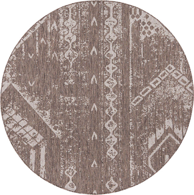 Brown 7' 10 x 7' 10 Outdoor Bohemian Round Area Rug Weather Resistant for Patio, Deck, Terrace, Balcony, Porch 100% Polypropylene Boho Carpet Mat for Sale at Rug Engine
