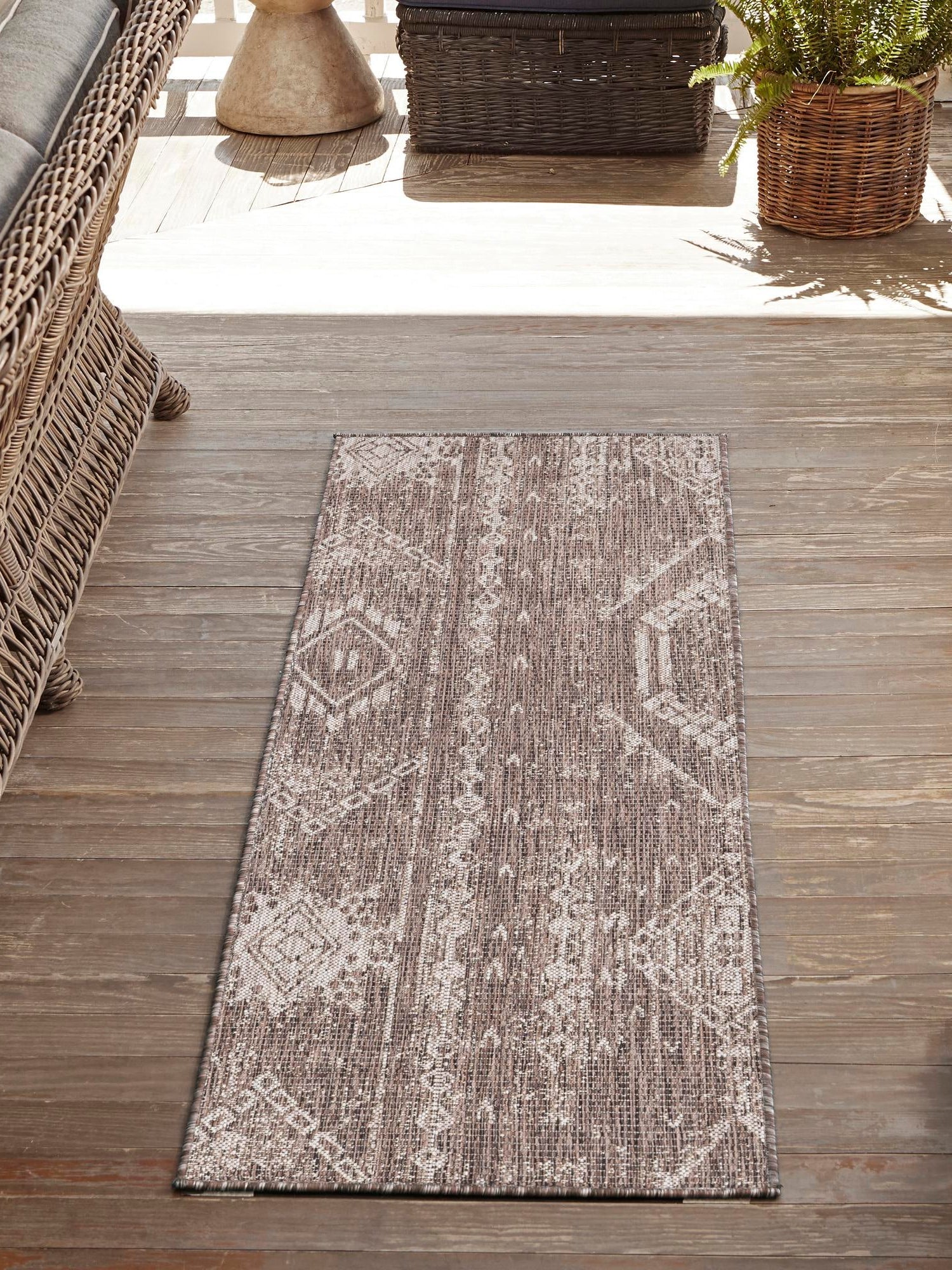 Brown 3' 3 x 14' 1 Outdoor Bohemian Runner Area Rug Weather Resistant for Patio, Deck, Terrace, Balcony, Porch 100% Polypropylene Boho Carpet Mat for Sale at Rug Engine
