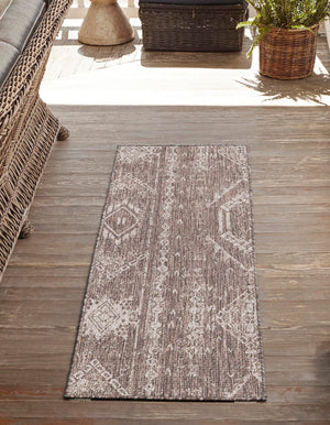 Brown 2' x 6' 1 Outdoor Bohemian Runner Area Rug Weather Resistant for Patio, Deck, Terrace, Balcony, Porch 100% Polypropylene Boho Carpet Mat for Sale at Rug Engine