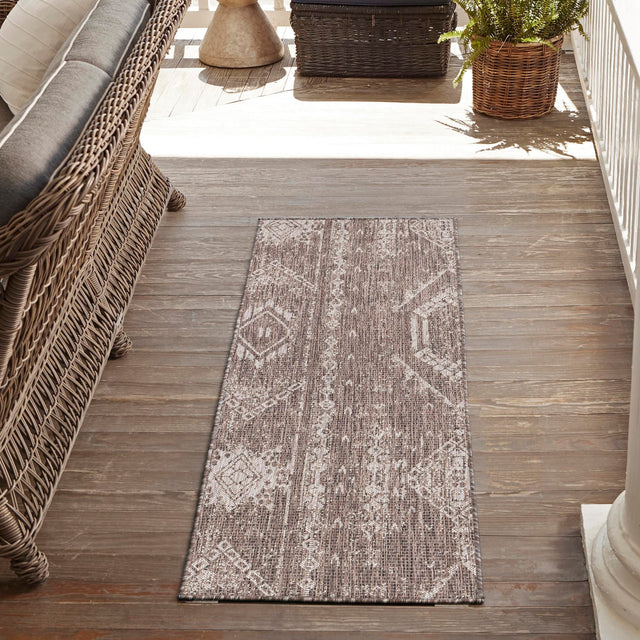 Brown 2' x 6' 1 Outdoor Bohemian Runner Area Rug Weather Resistant for Patio, Deck, Terrace, Balcony, Porch 100% Polypropylene Boho Carpet Mat for Sale at Rug Engine