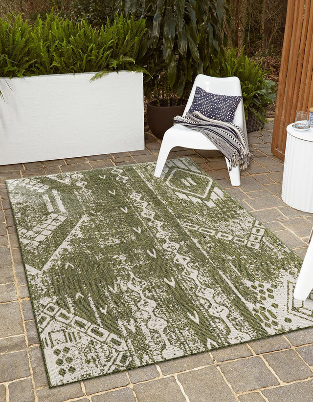 Green 4' 1 x 6' 1 Outdoor Bohemian Rectangle Area Rug Weather Resistant for Patio, Deck, Terrace, Balcony, Porch 100% Polypropylene Boho Carpet Mat for Sale at Rug Engine