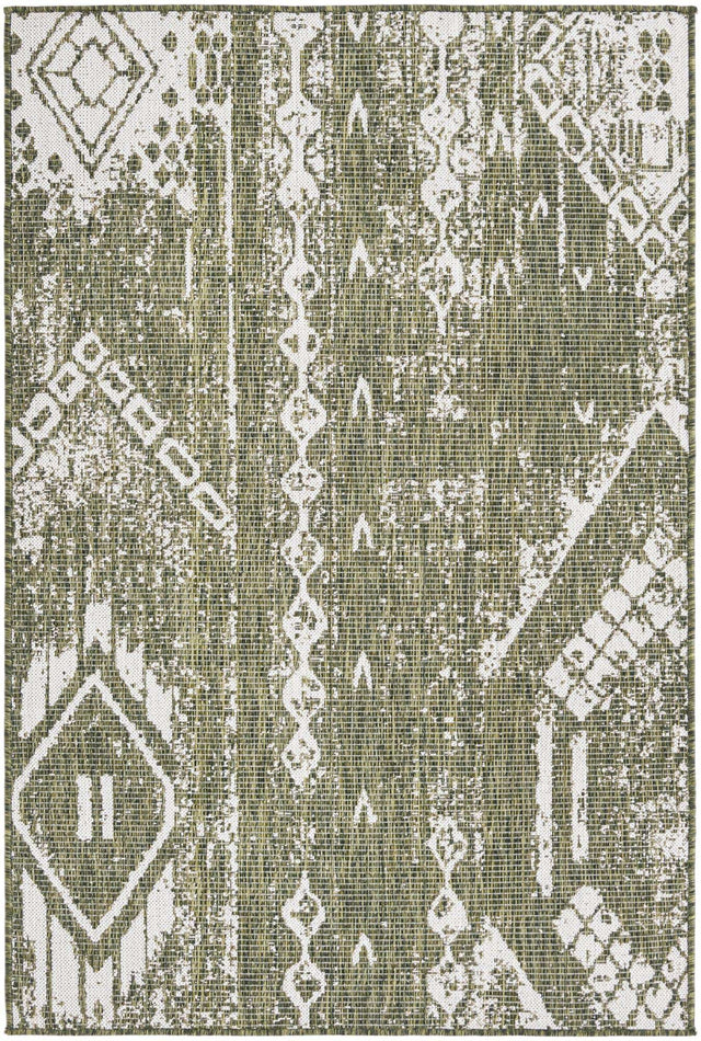 Green 4' 1 x 6' 1 Outdoor Bohemian Rectangle Area Rug Weather Resistant for Patio, Deck, Terrace, Balcony, Porch 100% Polypropylene Boho Carpet Mat for Sale at Rug Engine