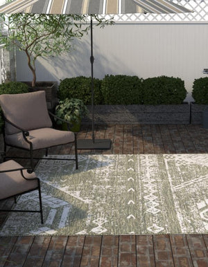 Green 7' 1 x 7' 1 Outdoor Bohemian Square Area Rug Weather Resistant for Patio, Deck, Terrace, Balcony, Porch 100% Polypropylene Boho Carpet Mat for Sale at Rug Engine