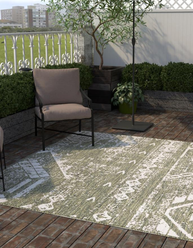 Green 7' 1 x 7' 1 Outdoor Bohemian Square Area Rug Weather Resistant for Patio, Deck, Terrace, Balcony, Porch 100% Polypropylene Boho Carpet Mat for Sale at Rug Engine