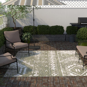 Green 5' 3 x 5' 3 Outdoor Bohemian Square Area Rug Weather Resistant for Patio, Deck, Terrace, Balcony, Porch 100% Polypropylene Boho Carpet Mat for Sale at Rug Engine