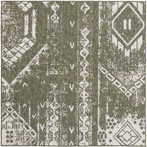 Green 7' 1 x 7' 1 Outdoor Bohemian Square Area Rug Weather Resistant for Patio, Deck, Terrace, Balcony, Porch 100% Polypropylene Boho Carpet Mat for Sale at Rug Engine