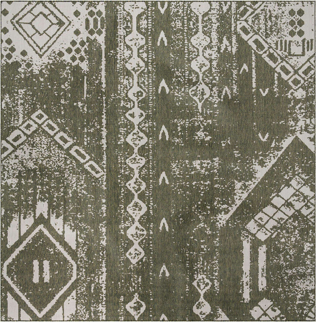 Green 13' 1 x 13' 1 Outdoor Bohemian Square Area Rug Weather Resistant for Patio, Deck, Terrace, Balcony, Porch 100% Polypropylene Boho Carpet Mat for Sale at Rug Engine