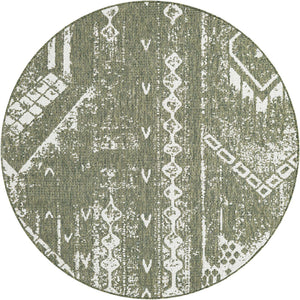 Green 6' 1 x 6' 1 Outdoor Bohemian Round Area Rug Weather Resistant for Patio, Deck, Terrace, Balcony, Porch 100% Polypropylene Boho Carpet Mat for Sale at Rug Engine