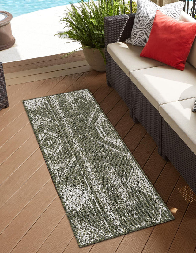 Green 2' x 8' Outdoor Bohemian Runner Area Rug Weather Resistant for Patio, Deck, Terrace, Balcony, Porch 100% Polypropylene Boho Carpet Mat for Sale at Rug Engine