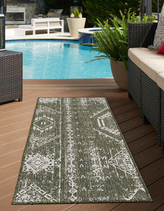 Green 2' 7 x 12' Outdoor Bohemian Runner Area Rug Weather Resistant for Patio, Deck, Terrace, Balcony, Porch 100% Polypropylene Boho Carpet Mat for Sale at Rug Engine