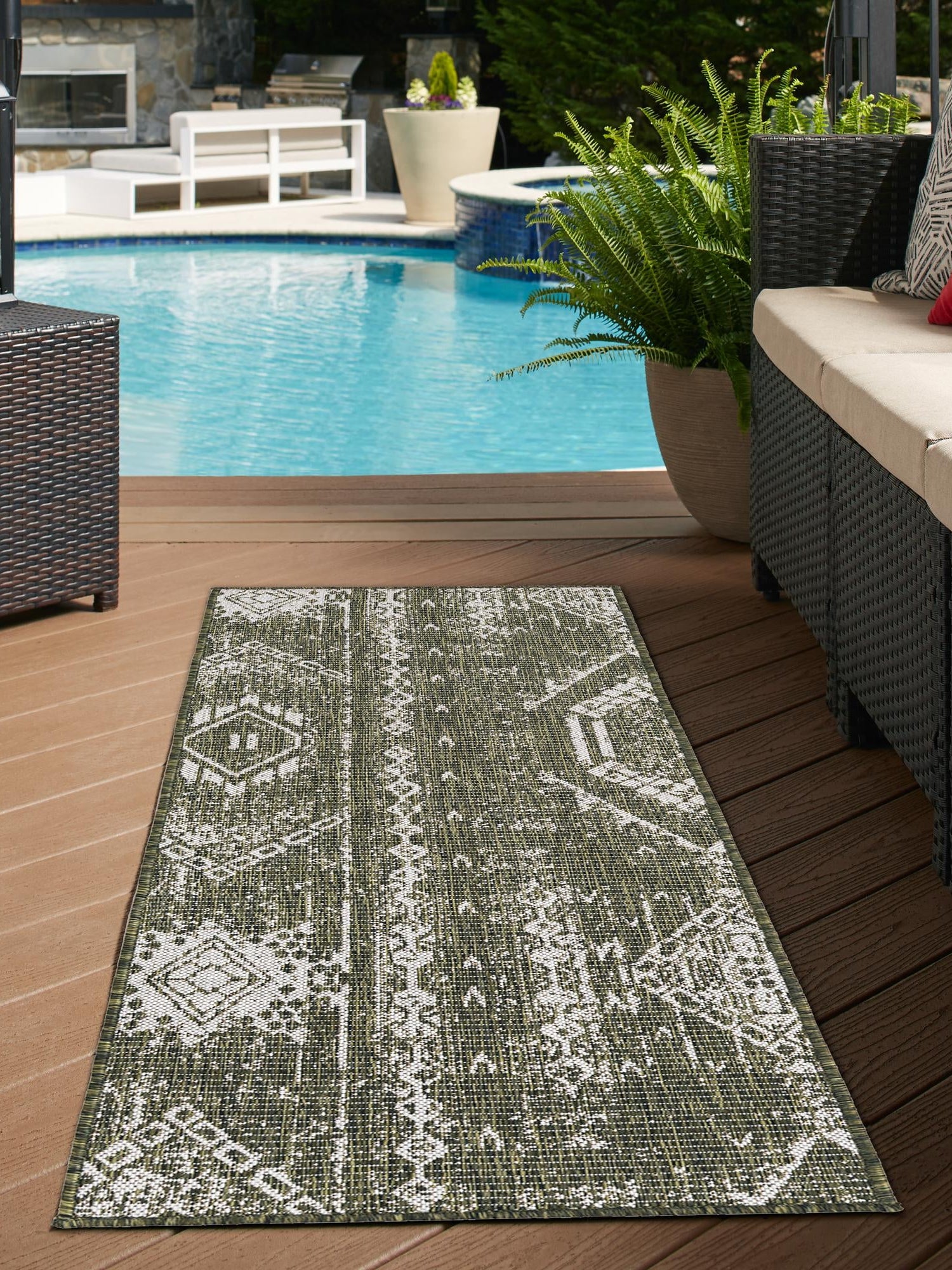 Green 3' 3 x 14' 1 Outdoor Bohemian Runner Area Rug Weather Resistant for Patio, Deck, Terrace, Balcony, Porch 100% Polypropylene Boho Carpet Mat for Sale at Rug Engine