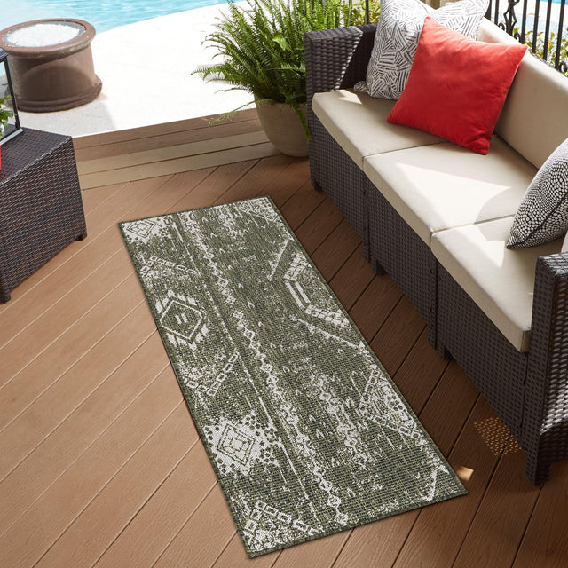 Green 2' 7 x 12' Outdoor Bohemian Runner Area Rug Weather Resistant for Patio, Deck, Terrace, Balcony, Porch 100% Polypropylene Boho Carpet Mat for Sale at Rug Engine