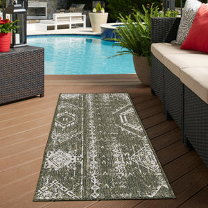 Green 2' 7 x 12' Outdoor Bohemian Runner Area Rug Weather Resistant for Patio, Deck, Terrace, Balcony, Porch 100% Polypropylene Boho Carpet Mat for Sale at Rug Engine