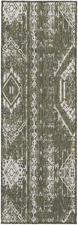 Green 2' x 6' 1 Outdoor Bohemian Runner Area Rug Weather Resistant for Patio, Deck, Terrace, Balcony, Porch 100% Polypropylene Boho Carpet Mat for Sale at Rug Engine