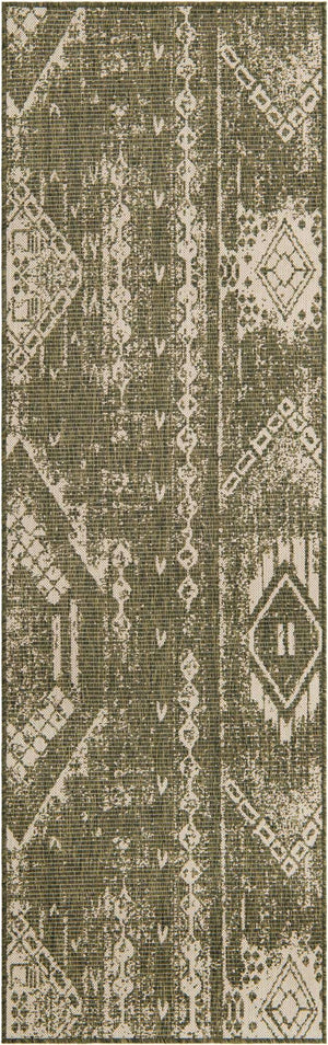 Green 2' x 8' Outdoor Bohemian Runner Area Rug Weather Resistant for Patio, Deck, Terrace, Balcony, Porch 100% Polypropylene Boho Carpet Mat for Sale at Rug Engine