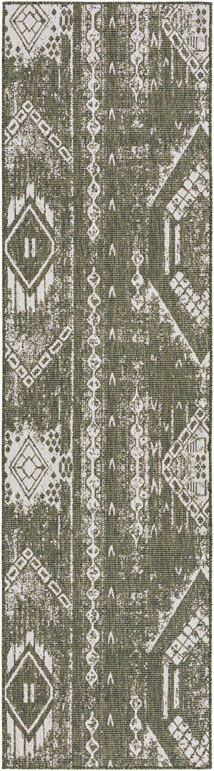 Green 2' 7 x 12' Outdoor Bohemian Runner Area Rug Weather Resistant for Patio, Deck, Terrace, Balcony, Porch 100% Polypropylene Boho Carpet Mat for Sale at Rug Engine