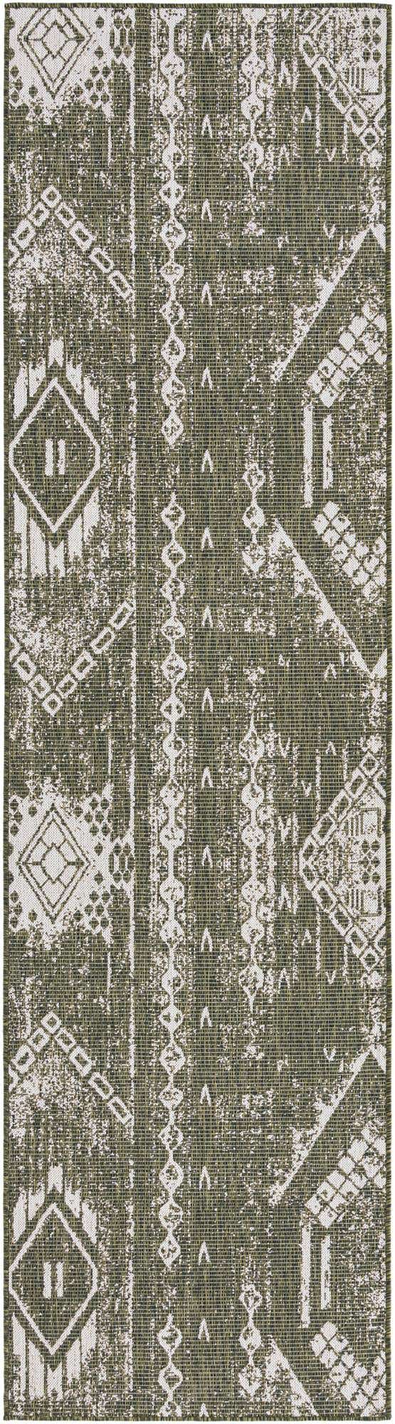 Green 2' 7 x 12' Outdoor Bohemian Runner Area Rug Weather Resistant for Patio, Deck, Terrace, Balcony, Porch 100% Polypropylene Boho Carpet Mat for Sale at Rug Engine