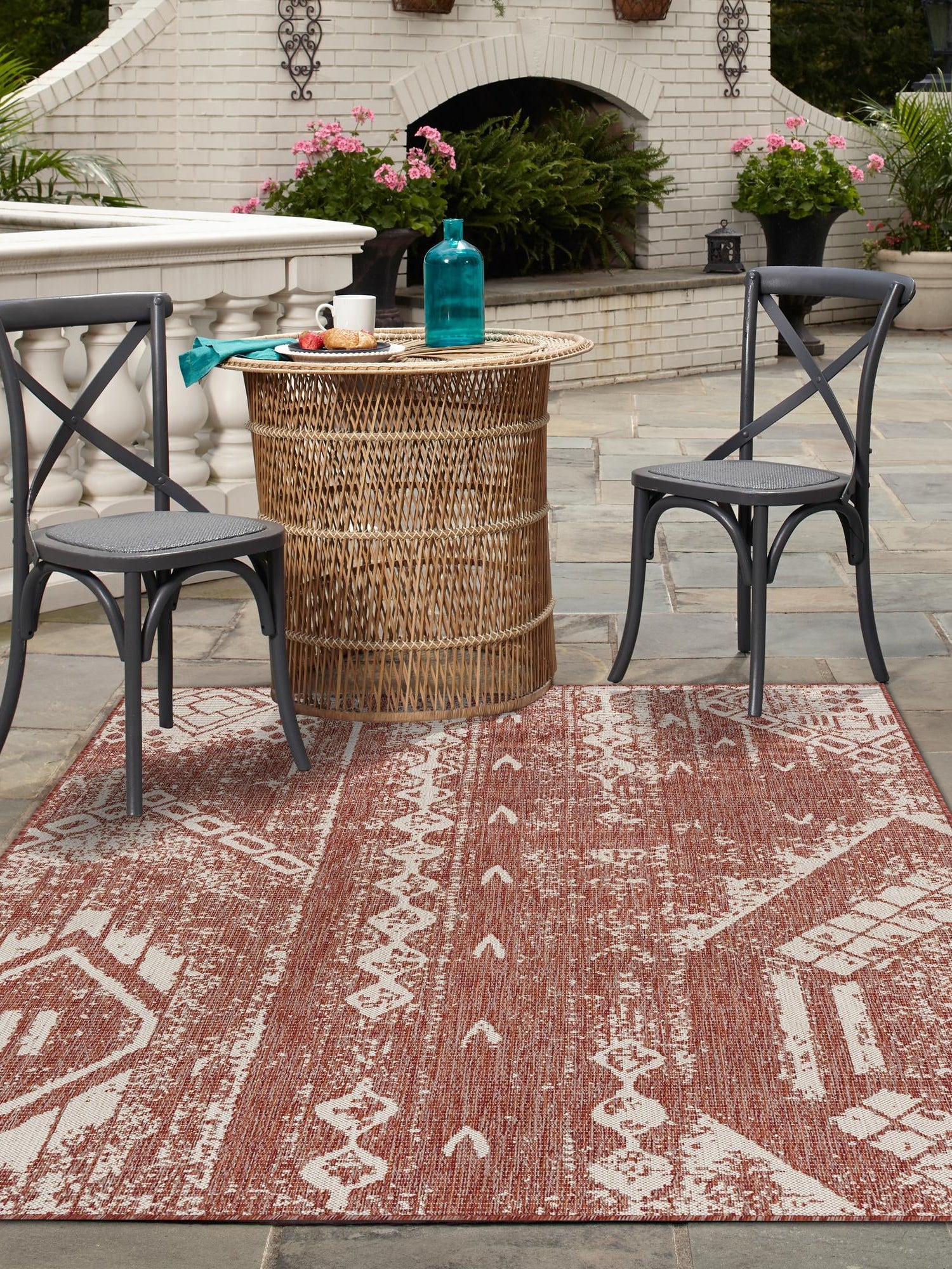 Rust Red 9' x 12' Outdoor Bohemian Rectangle Area Rug Weather Resistant for Patio, Deck, Terrace, Balcony, Porch 100% Polypropylene Boho Carpet Mat for Sale at Rug Engine