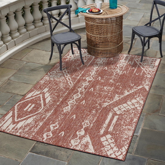 Rust Red 6' 1 x 9' Outdoor Bohemian Rectangle Area Rug Weather Resistant for Patio, Deck, Terrace, Balcony, Porch 100% Polypropylene Boho Carpet Mat for Sale at Rug Engine