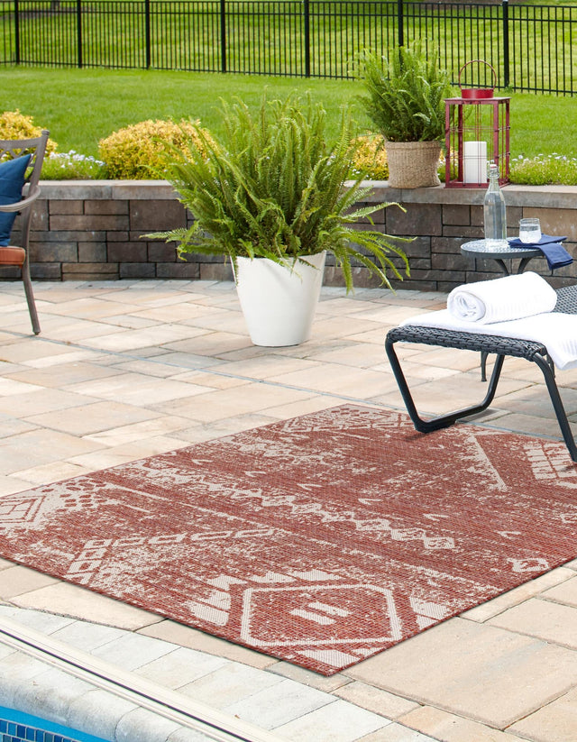 Rust Red 10' 8 x 10' 8 Outdoor Bohemian Square Area Rug Weather Resistant for Patio, Deck, Terrace, Balcony, Porch 100% Polypropylene Boho Carpet Mat for Sale at Rug Engine