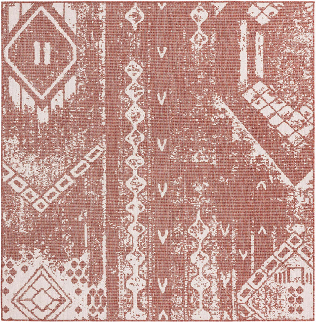 Rust Red 7' 1 x 7' 1 Outdoor Bohemian Square Area Rug Weather Resistant for Patio, Deck, Terrace, Balcony, Porch 100% Polypropylene Boho Carpet Mat for Sale at Rug Engine
