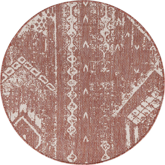 Rust Red 4' 1 x 4' 1 Outdoor Bohemian Round Area Rug Weather Resistant for Patio, Deck, Terrace, Balcony, Porch 100% Polypropylene Boho Carpet Mat for Sale at Rug Engine