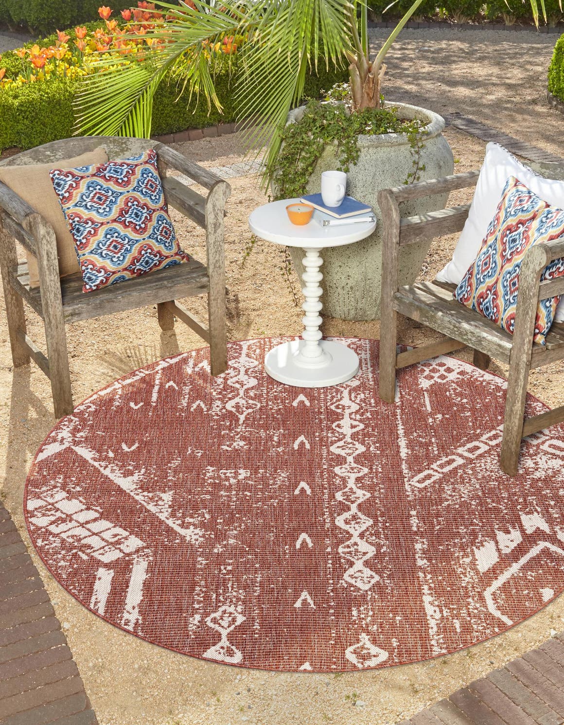 Rust Red 13' 1 x 13' 1 Outdoor Bohemian Round Area Rug Weather Resistant for Patio, Deck, Terrace, Balcony, Porch 100% Polypropylene Boho Carpet Mat for Sale at Rug Engine
