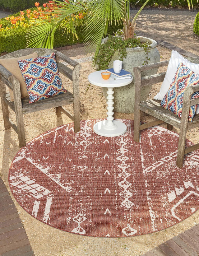 Rust Red 10' 8 x 10' 8 Outdoor Bohemian Round Area Rug Weather Resistant for Patio, Deck, Terrace, Balcony, Porch 100% Polypropylene Boho Carpet Mat for Sale at Rug Engine