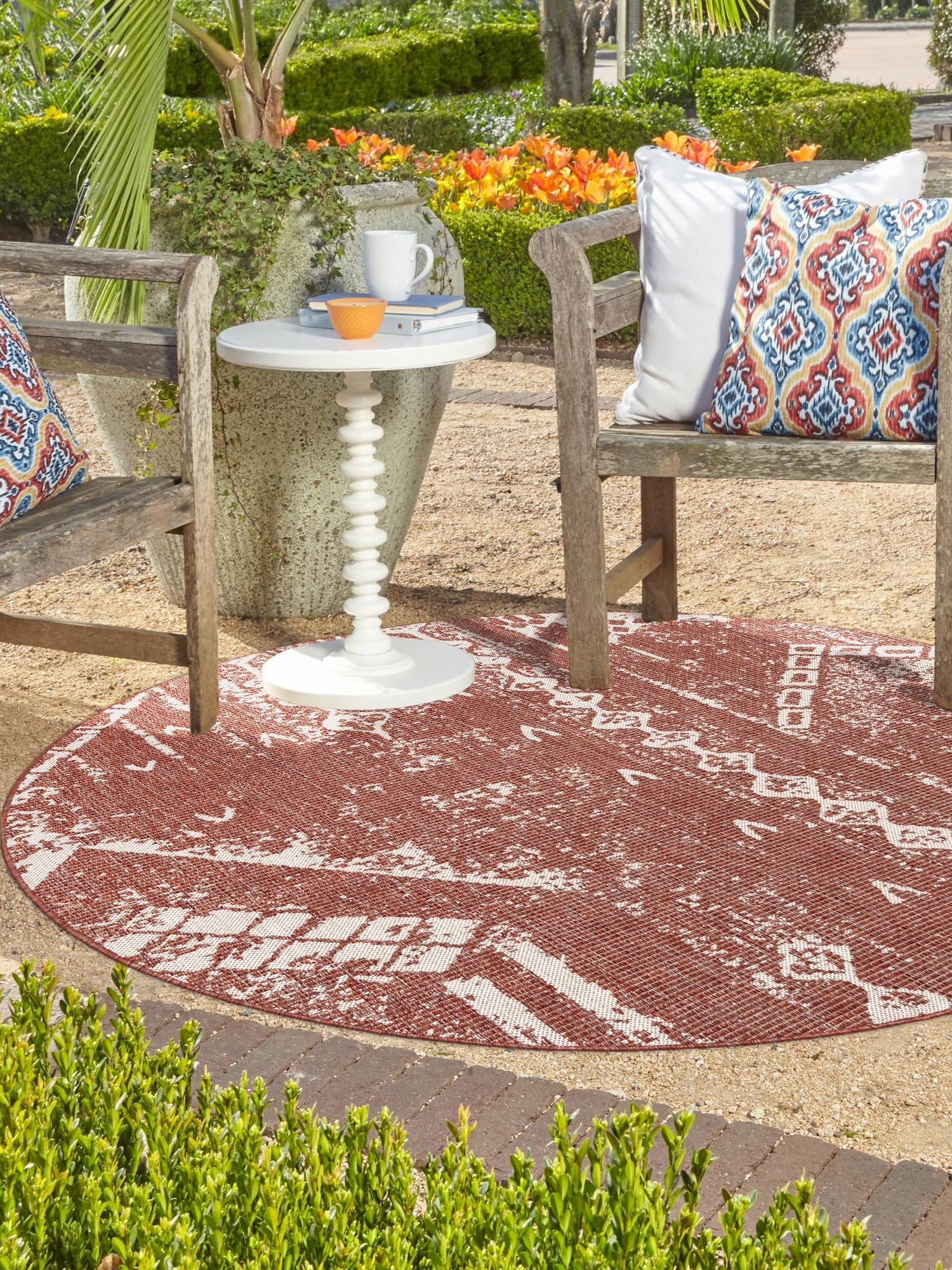 Rust Red 10' 8 x 10' 8 Outdoor Bohemian Round Area Rug Weather Resistant for Patio, Deck, Terrace, Balcony, Porch 100% Polypropylene Boho Carpet Mat for Sale at Rug Engine