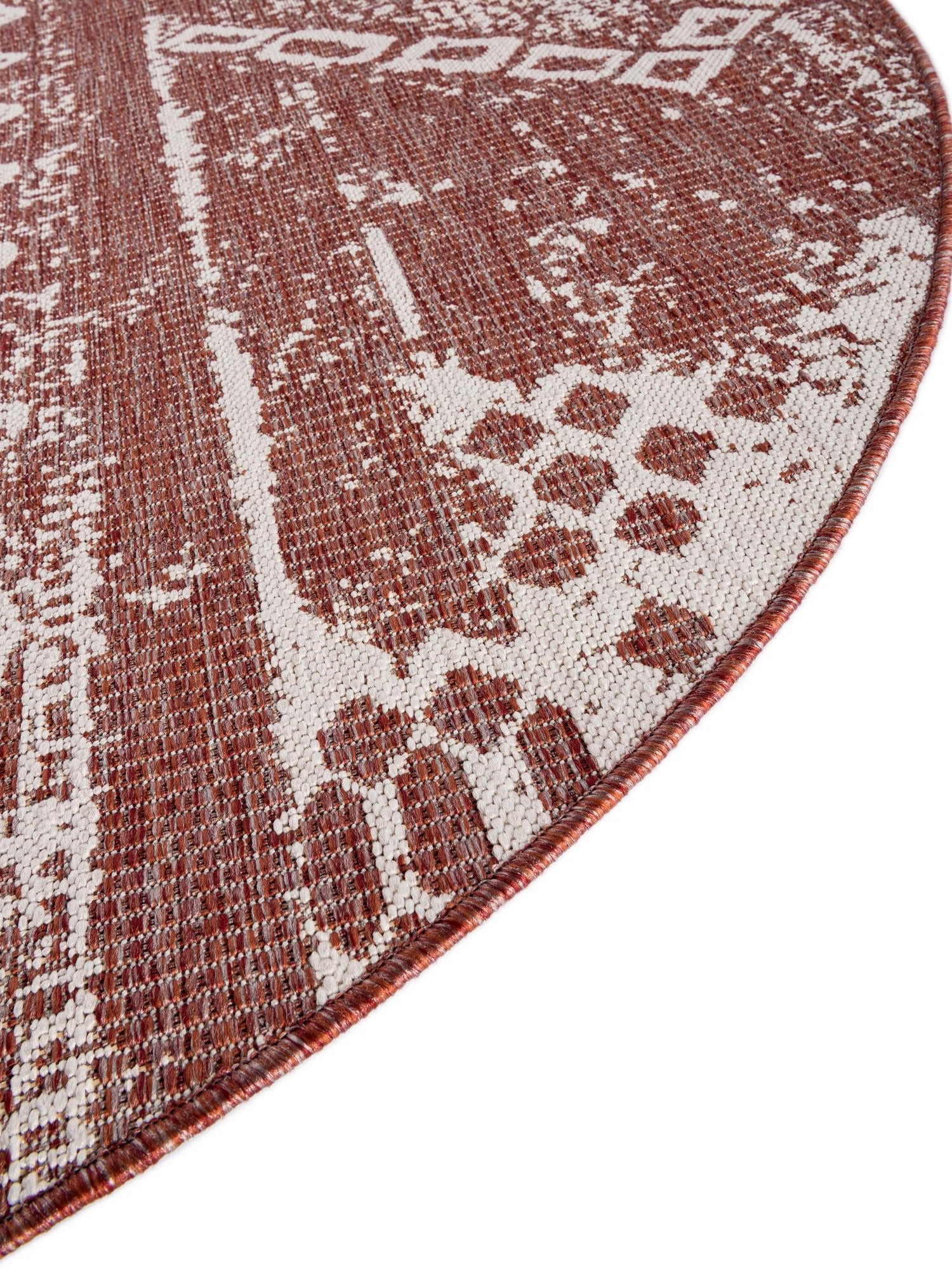 Rust Red 4' 1 x 4' 1 Outdoor Bohemian Round Area Rug Weather Resistant for Patio, Deck, Terrace, Balcony, Porch 100% Polypropylene Boho Carpet Mat for Sale at Rug Engine