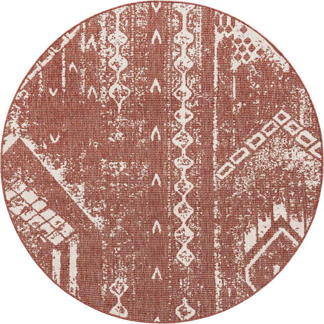 Rust Red 6' 1 x 6' 1 Outdoor Bohemian Round Area Rug Weather Resistant for Patio, Deck, Terrace, Balcony, Porch 100% Polypropylene Boho Carpet Mat for Sale at Rug Engine