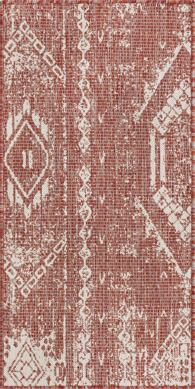 Rust Red 2' x 4' 1 Outdoor Bohemian Runner Area Rug Weather Resistant for Patio, Deck, Terrace, Balcony, Porch 100% Polypropylene Boho Carpet Mat for Sale at Rug Engine