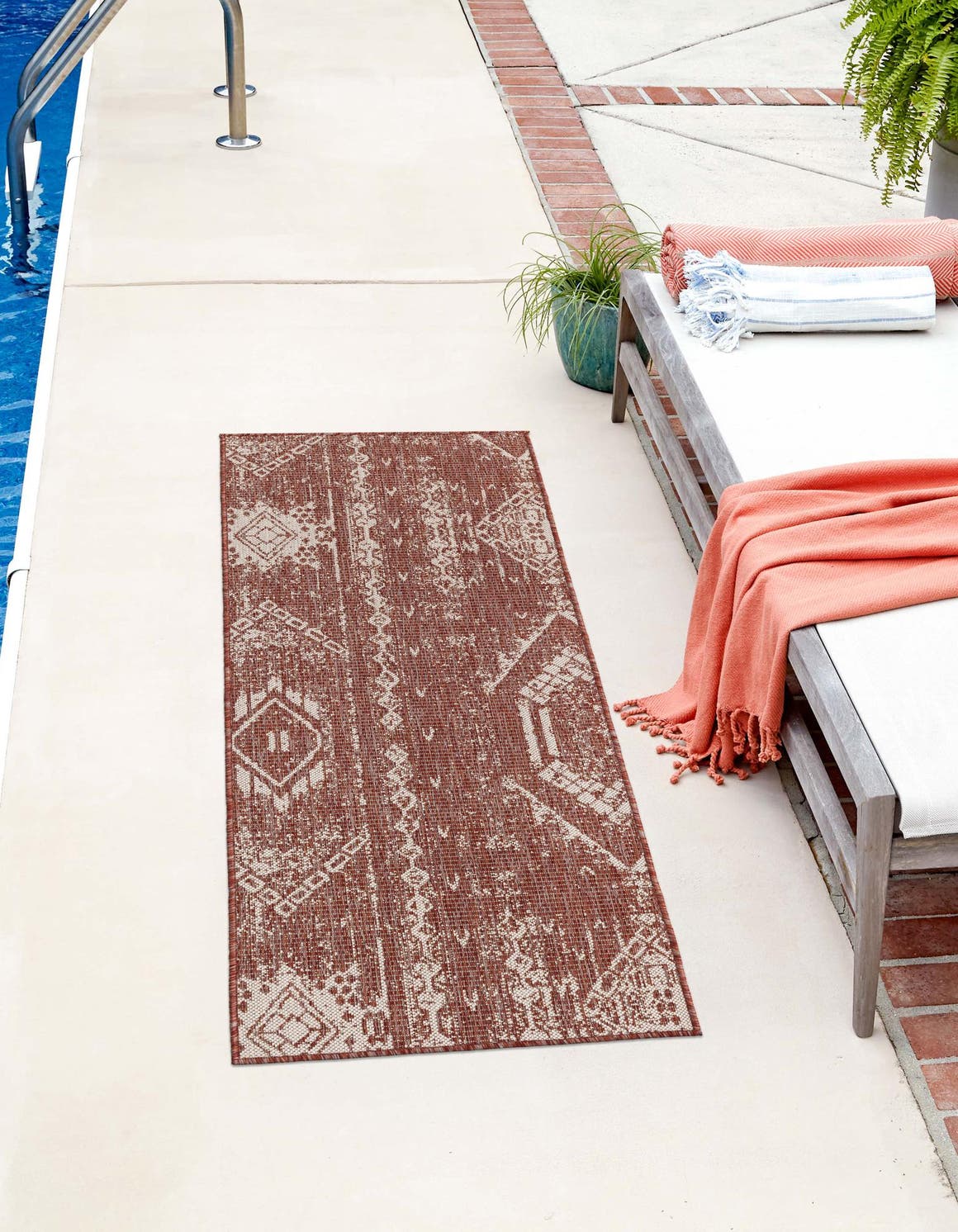 Rust Red 3' 3 x 14' 1 Outdoor Bohemian Runner Area Rug Weather Resistant for Patio, Deck, Terrace, Balcony, Porch 100% Polypropylene Boho Carpet Mat for Sale at Rug Engine