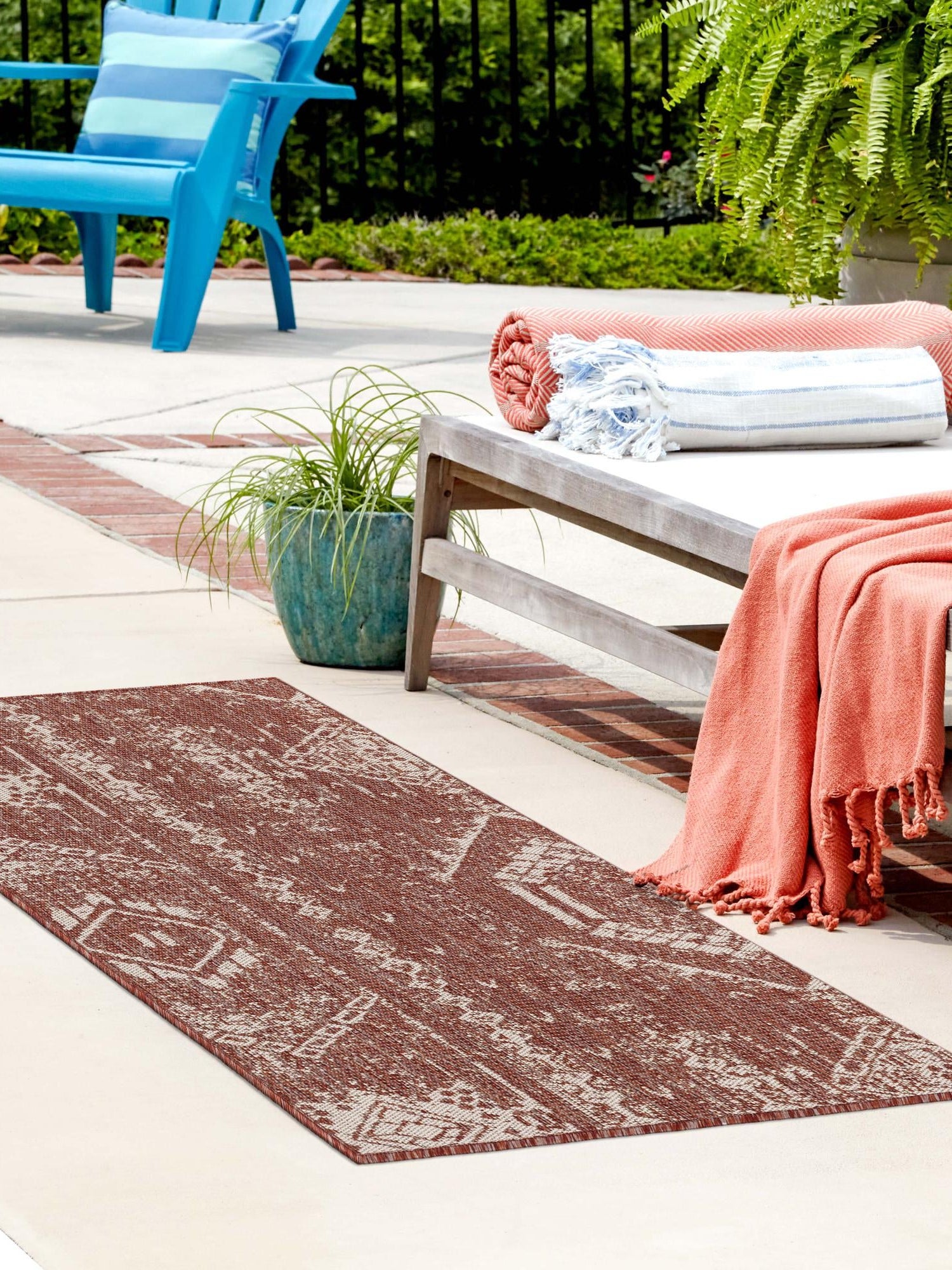 Rust Red 2' 7 x 12' Outdoor Bohemian Runner Area Rug Weather Resistant for Patio, Deck, Terrace, Balcony, Porch 100% Polypropylene Boho Carpet Mat for Sale at Rug Engine