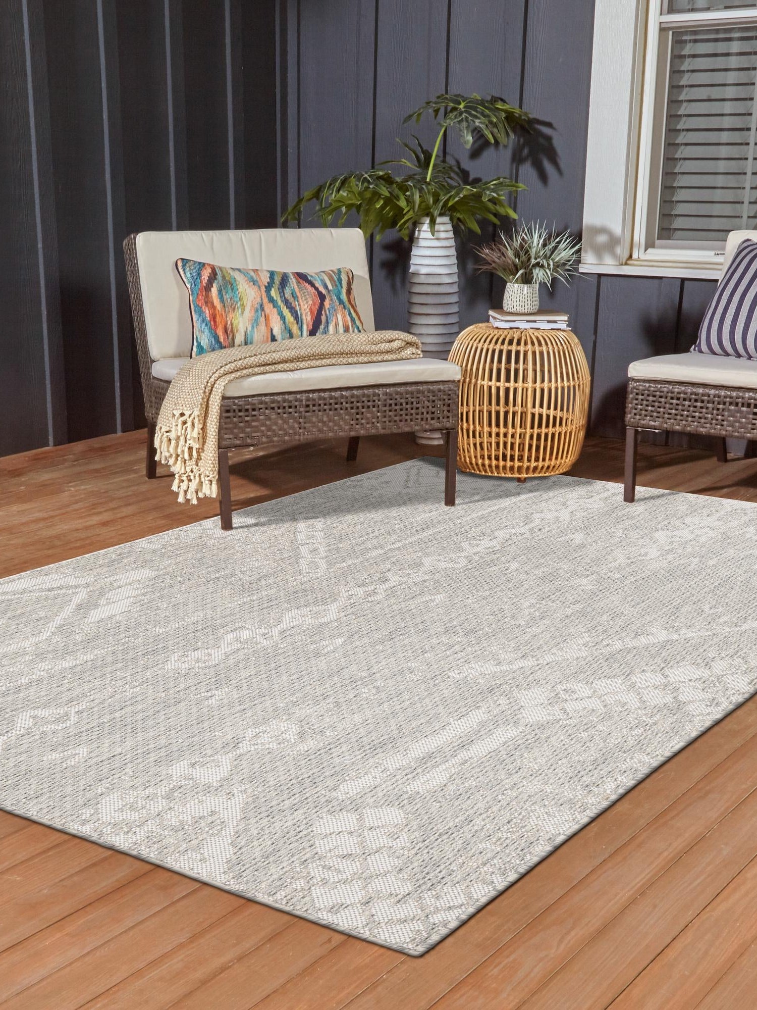 Gray 5' 3 x 8' Outdoor Bohemian Rectangle Area Rug Weather Resistant for Patio, Deck, Terrace, Balcony, Porch 100% Polypropylene Boho Carpet Mat for Sale at Rug Engine