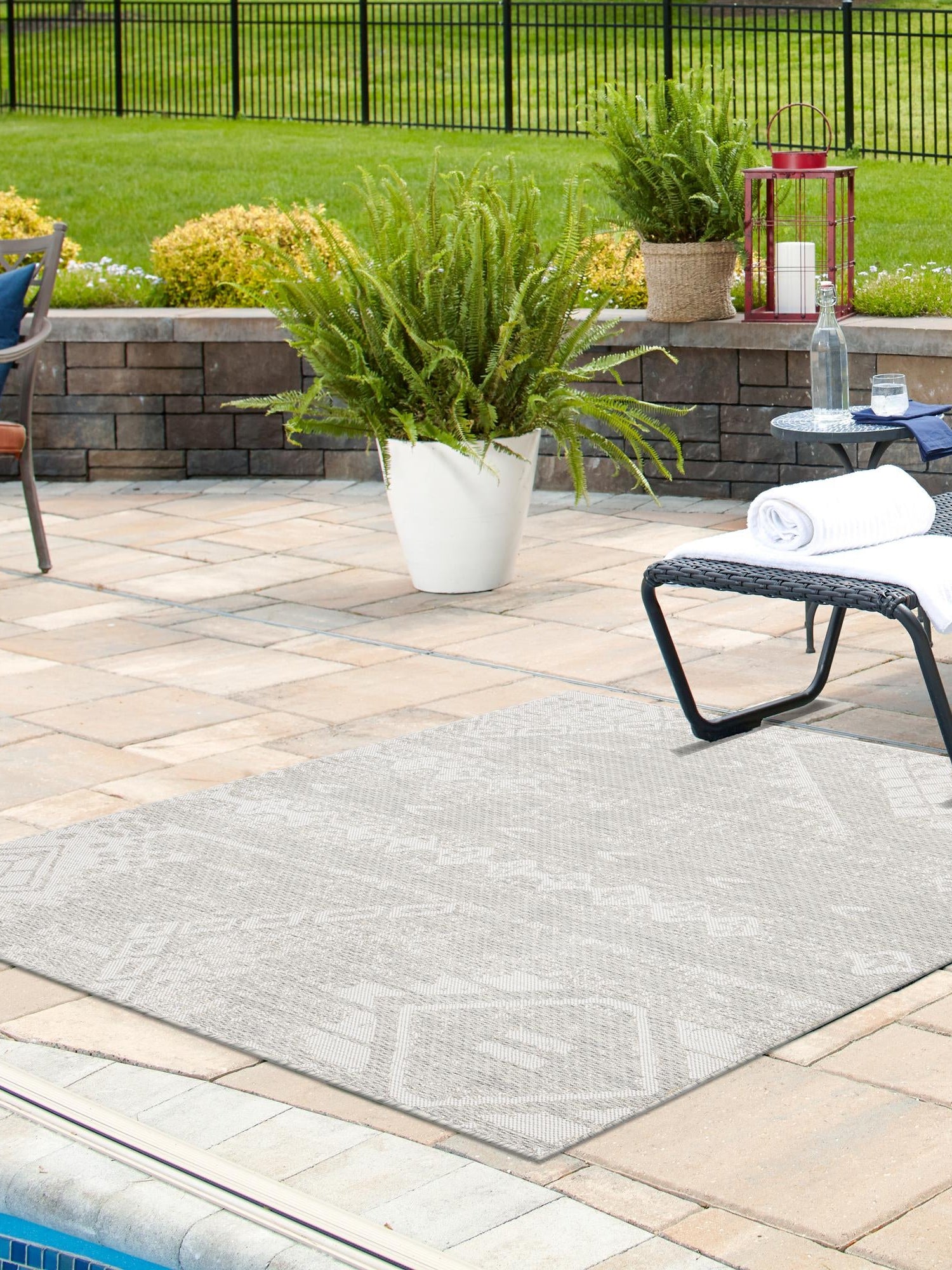 Gray 7' 1 x 7' 1 Outdoor Bohemian Square Area Rug Weather Resistant for Patio, Deck, Terrace, Balcony, Porch 100% Polypropylene Boho Carpet Mat for Sale at Rug Engine