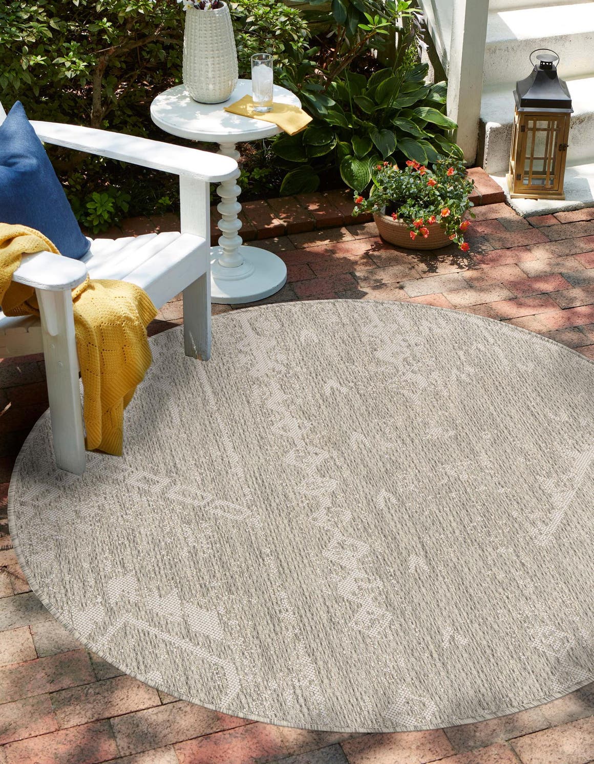 Gray 10' 8 x 10' 8 Outdoor Bohemian Round Area Rug Weather Resistant for Patio, Deck, Terrace, Balcony, Porch 100% Polypropylene Boho Carpet Mat for Sale at Rug Engine