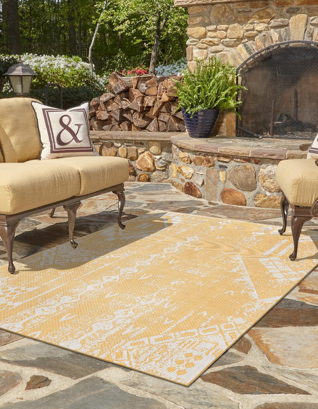 Yellow 10' x 13' 1 Outdoor Bohemian Rectangle Area Rug Weather Resistant for Patio, Deck, Terrace, Balcony, Porch 100% Polypropylene Boho Carpet Mat for Sale at Rug Engine