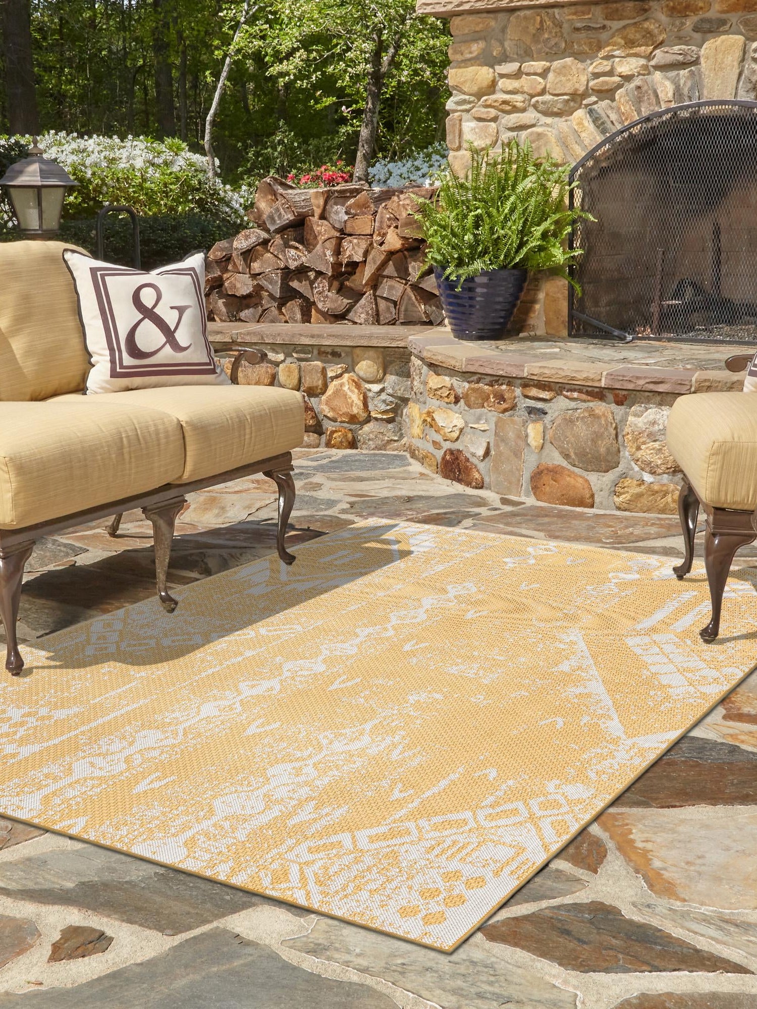 Yellow 7' 10 x 10' Outdoor Bohemian Rectangle Area Rug Weather Resistant for Patio, Deck, Terrace, Balcony, Porch 100% Polypropylene Boho Carpet Mat for Sale at Rug Engine