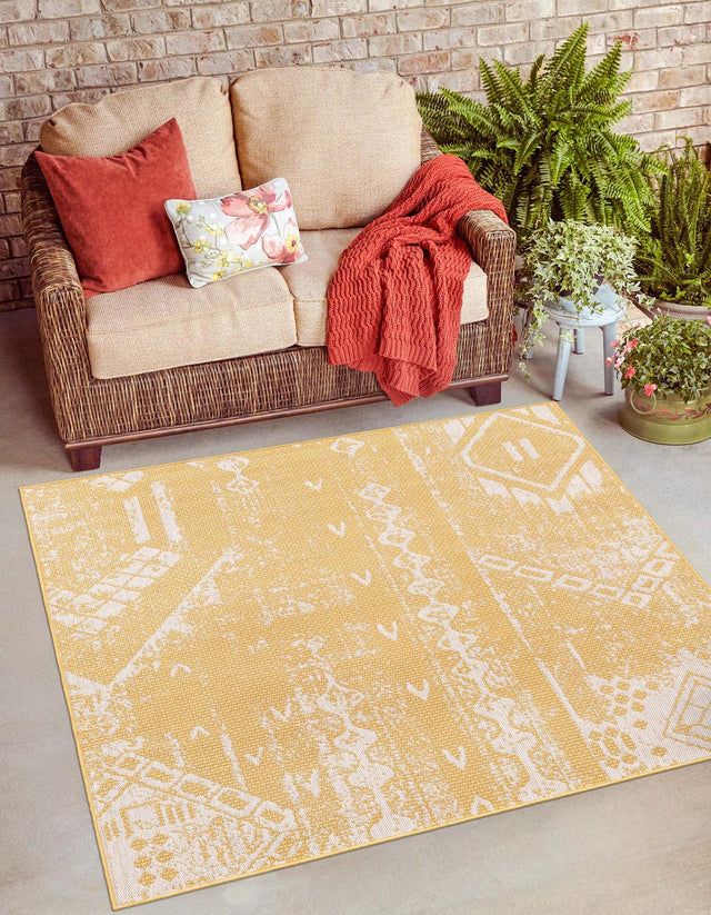 Yellow 10' 8 x 10' 8 Outdoor Bohemian Square Area Rug Weather Resistant for Patio, Deck, Terrace, Balcony, Porch 100% Polypropylene Boho Carpet Mat for Sale at Rug Engine
