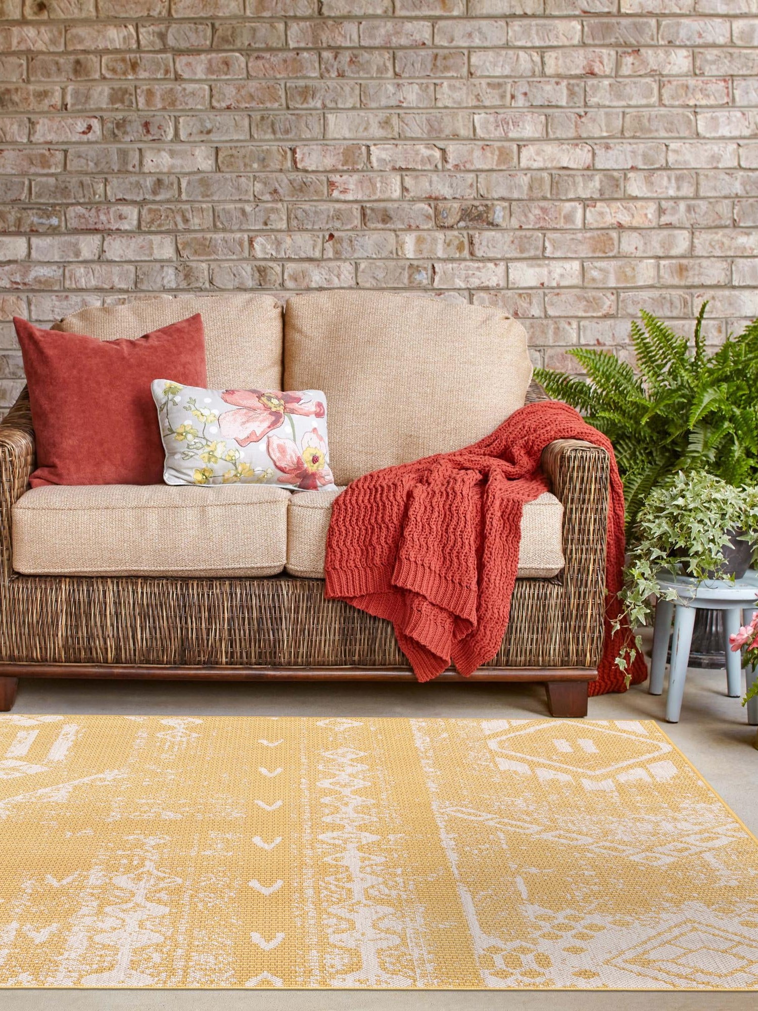 Yellow 5' 3 x 5' 3 Outdoor Bohemian Square Area Rug Weather Resistant for Patio, Deck, Terrace, Balcony, Porch 100% Polypropylene Boho Carpet Mat for Sale at Rug Engine